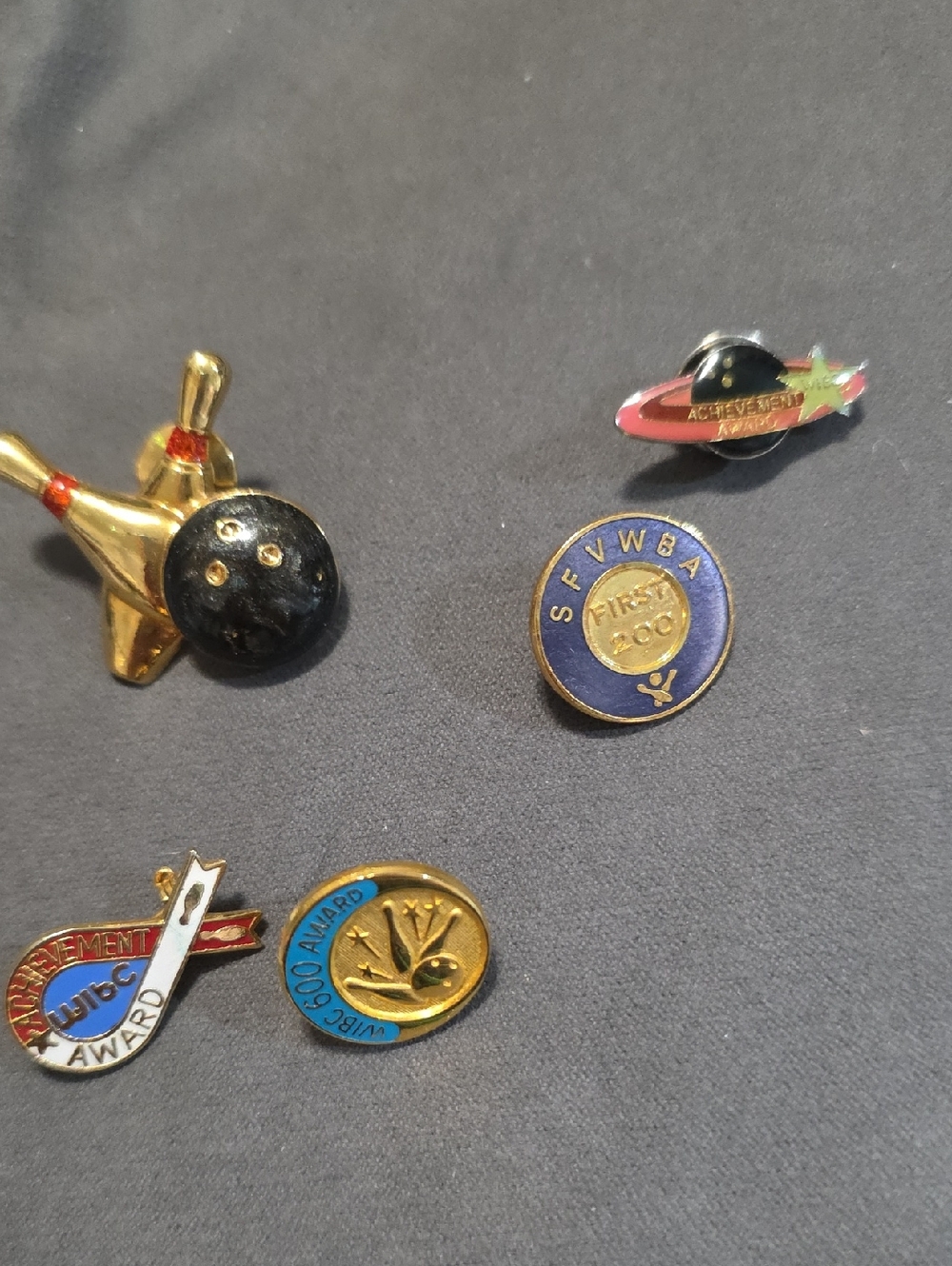 Vintage Bowling and Achievement Pin Set - Gold, Black, Blue, Red